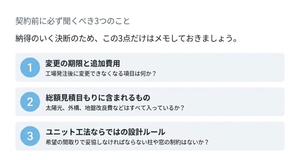 画像タイトル: 契約前に確認したい3つの重要ポイント
代替テキスト: 契約前に変更期限と追加費用、総額見積もりに含まれるもの、ユニット工法ならではの設計ルールを確認する重要性を示したチェックリスト