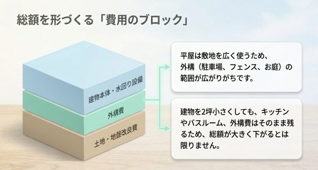 画像タイトル: 平屋の総額を形づくる費用のブロック
代替テキスト: 平屋の総額は建物本体や水回り設備、外構費、土地や地盤改良費など複数の費用で構成されることを示したスライド