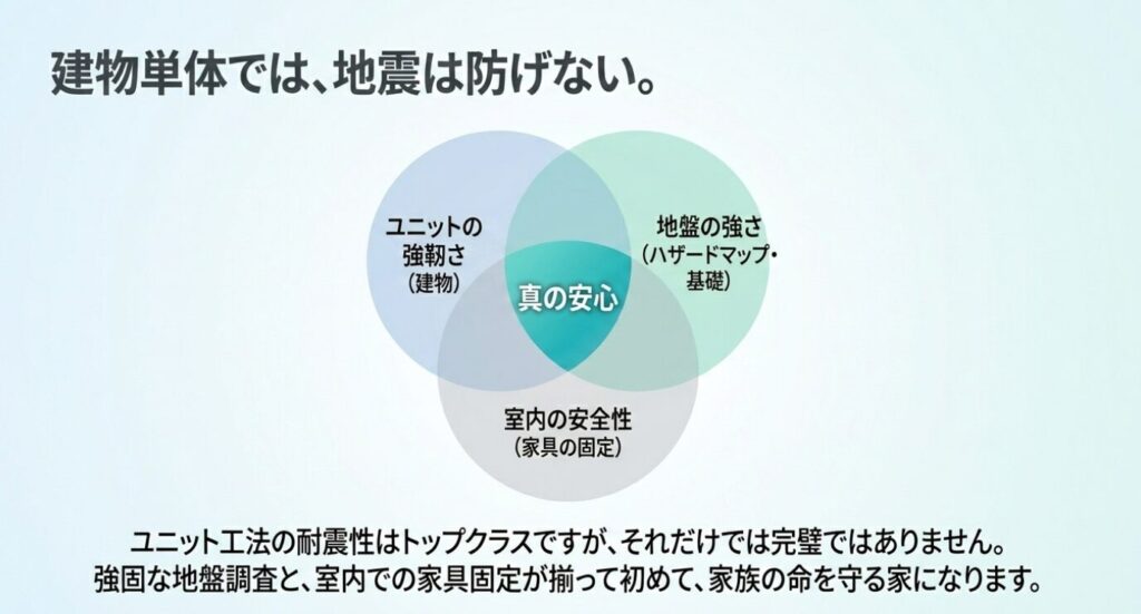 画像タイトル: 地震対策は建物と地盤と家具固定で考える
代替テキスト: ユニットの強さだけでなく地盤の強さや室内の家具固定を含めて地震への安心を考える必要があることを示した図