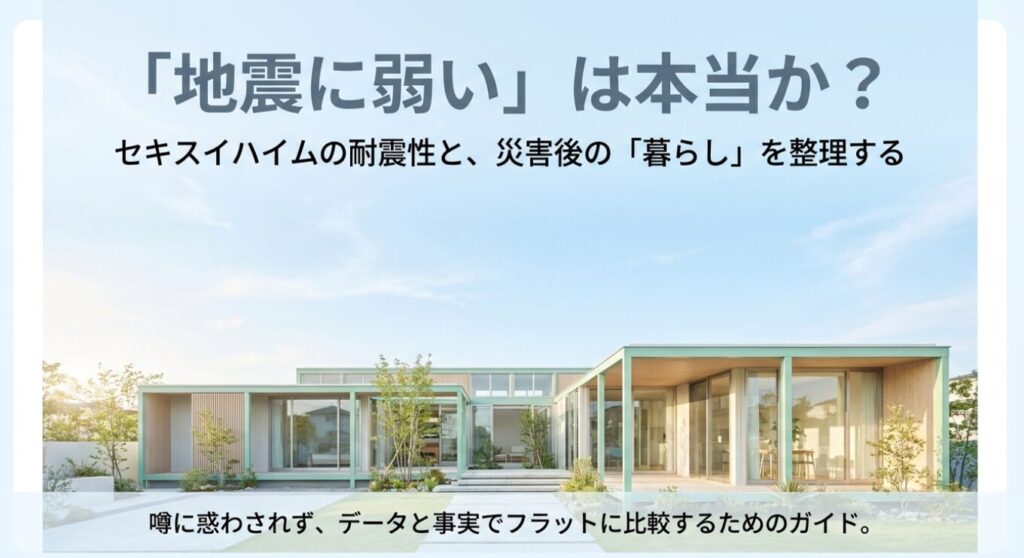 画像タイトル: セキスイハイムの耐震性と災害後の暮らしを整理する導入スライド
代替テキスト: セキスイハイムは地震に弱いのかを耐震性と災害後の暮らしの視点から整理する導入スライド