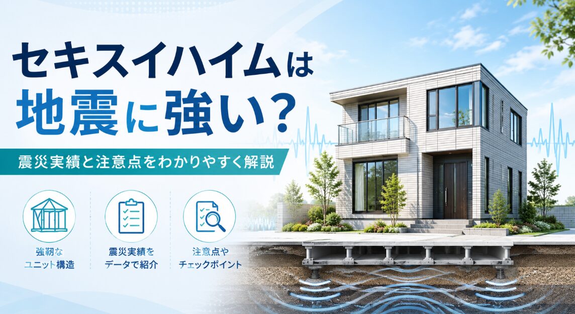「セキスイハイムは地震に強い？」という大きな見出しと、「震災実績と注意点をわかりやすく解説」というサブコピーが入ったアイキャッチ画像。右側には現代的な住宅と地盤の断面、地震波を示すラインが描かれ、左下には「強靭なユニット構造」「震災実績をデータで紹介」「注意点やチェックポイント」の3つの要点がアイコン付きで整理されている。