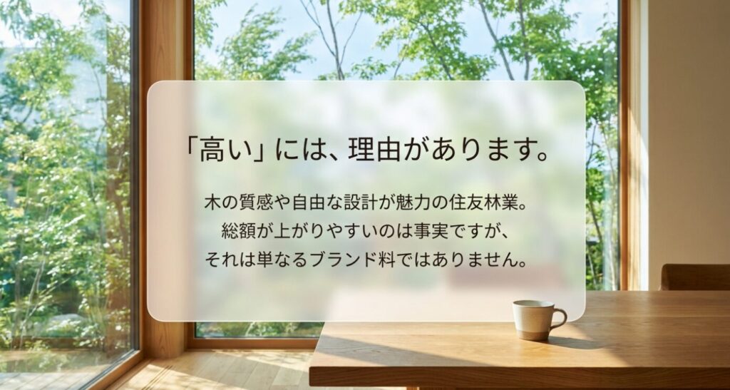 画像タイトル: 住友林業が高い理由は単なるブランド料ではない
代替テキスト: 木の質感や自由な設計が魅力であり、住友林業の価格が高い理由は単なるブランド料ではないことを説明したスライド