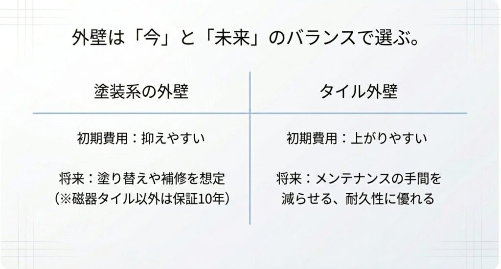 画像タイトル: 外壁は今と未来の費用バランスで選ぶ
代替テキスト: 塗装系の外壁とタイル外壁を比較し、初期費用と将来のメンテナンス負担の違いを整理したスライド