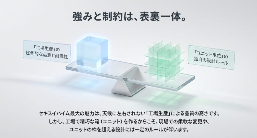 画像タイトル: 工場生産の強みとユニット単位の設計ルール
代替テキスト: 工場生産による品質や耐久性の強みとユニット単位の設計ルールが表裏一体であることを示した図