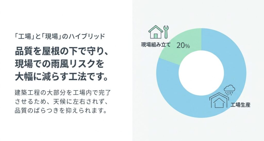 画像タイトル: 工場生産と現場施工を組み合わせるユニット工法
代替テキスト: 工場生産を中心に建築工程を進めることで品質のばらつきや雨風のリスクを抑えるユニット工法の特徴を示した図