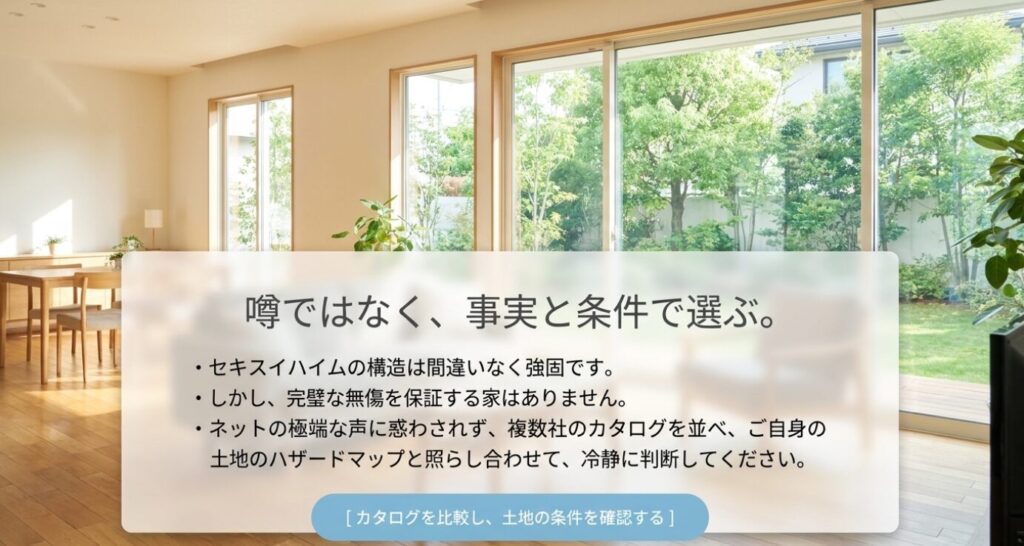 画像タイトル: 噂ではなく事実と条件で住宅を選ぶための総括
代替テキスト: 構造は強いが無傷を保証する家はなく、複数社の比較や土地条件の確認が大切だとまとめたスライド