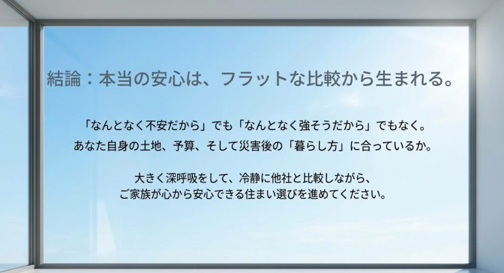 画像タイトル: 本当の安心はフラットな比較から生まれるという総括
代替テキスト: なんとなく不安や強そうという印象ではなく土地や予算や災害後の暮らしに合うかで住宅を選ぶべきとまとめたスライド