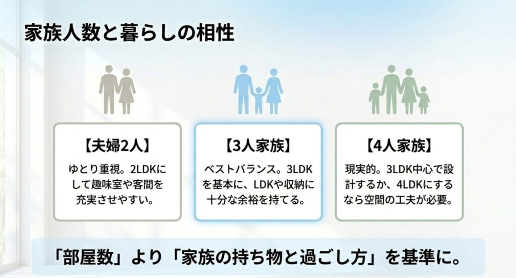 画像タイトル: 32坪平屋と家族人数の相性
代替テキスト: 夫婦2人、3人家族、4人家族ごとに32坪平屋との相性と間取りの考え方を整理したスライド