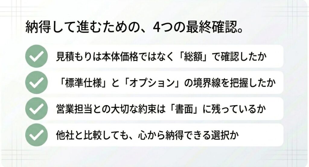 画像タイトル: 納得して進むための4つの最終確認
代替テキスト: 見積もり総額、標準仕様とオプション、営業担当との書面確認、他社比較の4項目をチェックリスト形式で示したスライド
