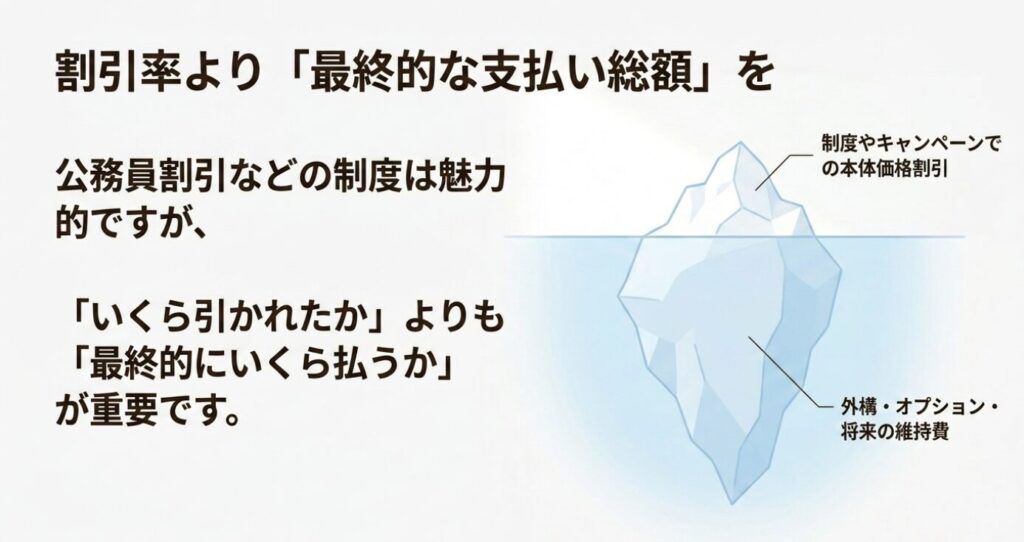 画像タイトル: 公務員割引より最終的な支払い総額を重視する考え方
代替テキスト: 制度やキャンペーンの割引額だけでなく、外構やオプション、将来の維持費を含めた最終支払総額を見る重要性を示したスライド