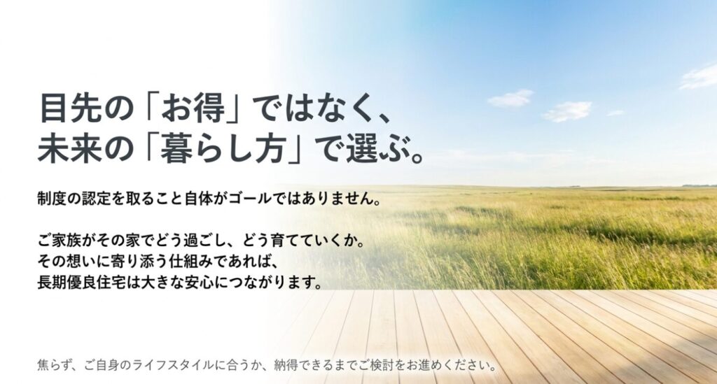 画像タイトル: 長期優良住宅は目先のお得ではなく未来の暮らし方で選ぶ
代替テキスト: 長期優良住宅は認定を取ること自体がゴールではなく、家族の未来の暮らし方に合うかで選ぶことが大切だと伝えるまとめスライド