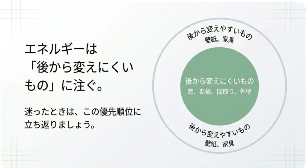 画像タイトル: 後から変えにくい部分を優先する家づくり
代替テキスト: 窓、断熱、間取り、外壁など後から変えにくいものを中心に、壁紙や家具など変えやすいものと優先順位を分けたスライド