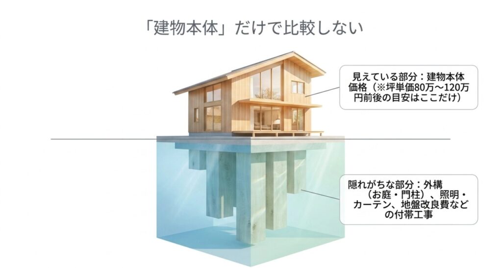 画像タイトル: 建物本体価格だけで比較しない総額の考え方
代替テキスト: 見えている建物本体価格だけでなく、外構や照明、カーテン、地盤改良費など隠れた付帯工事も含めて総額で比較する重要性を示したスライド