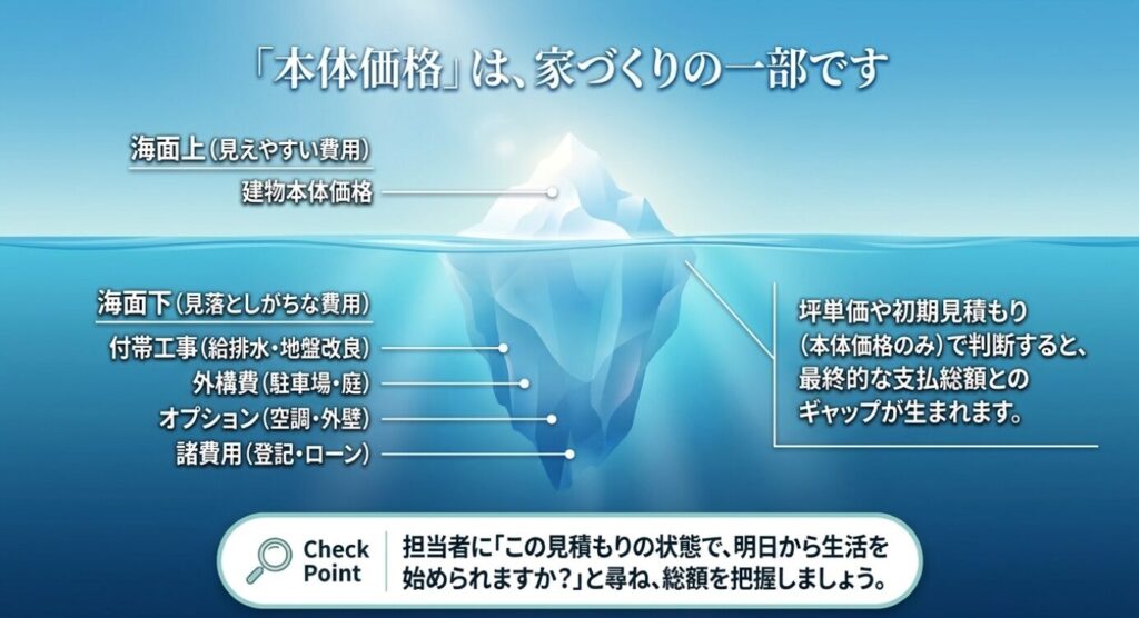 画像タイトル: 本体価格だけでは見えない家づくりの総額
代替テキスト: 氷山の図を使い、建物本体価格の下に付帯工事費や外構費、オプション費、諸費用が隠れていることを説明したスライド