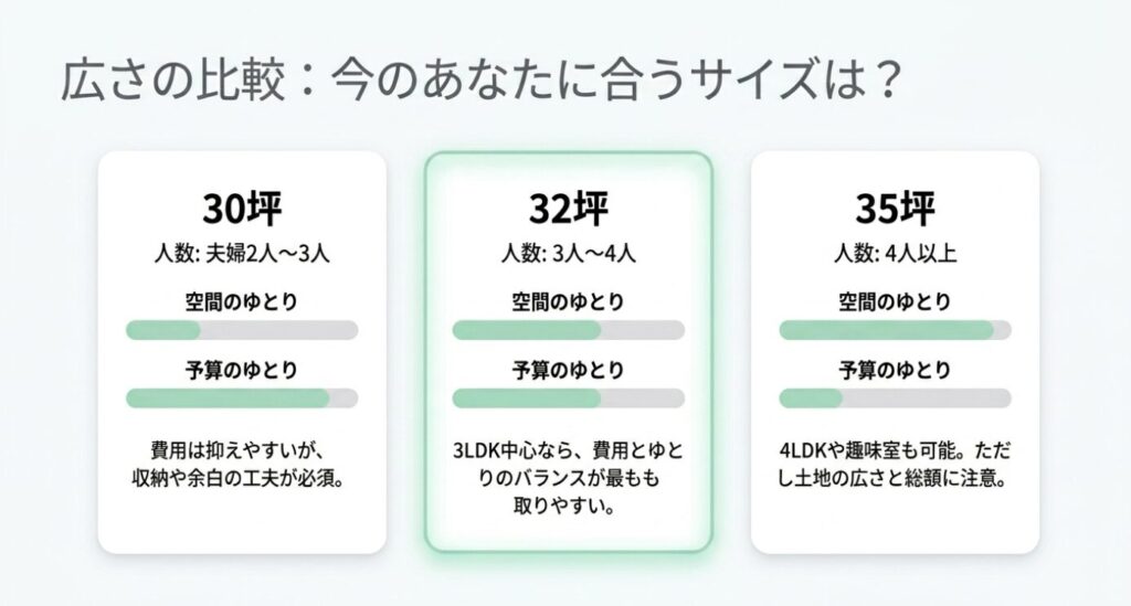 画像タイトル: 30坪32坪35坪平屋の広さ比較
代替テキスト: 30坪、32坪、35坪の平屋を人数、空間のゆとり、予算のゆとりで比較したスライド