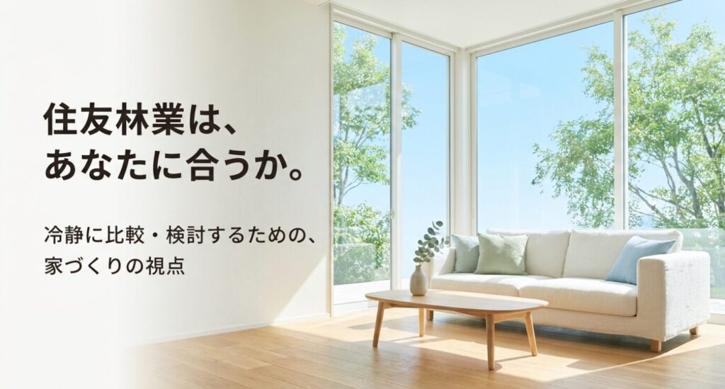 画像タイトル: 住友林業が自分に合うか冷静に比較検討する視点
代替テキスト: 明るいリビングの写真とともに、住友林業が自分に合うかを冷静に比較検討するための視点を示したスライド