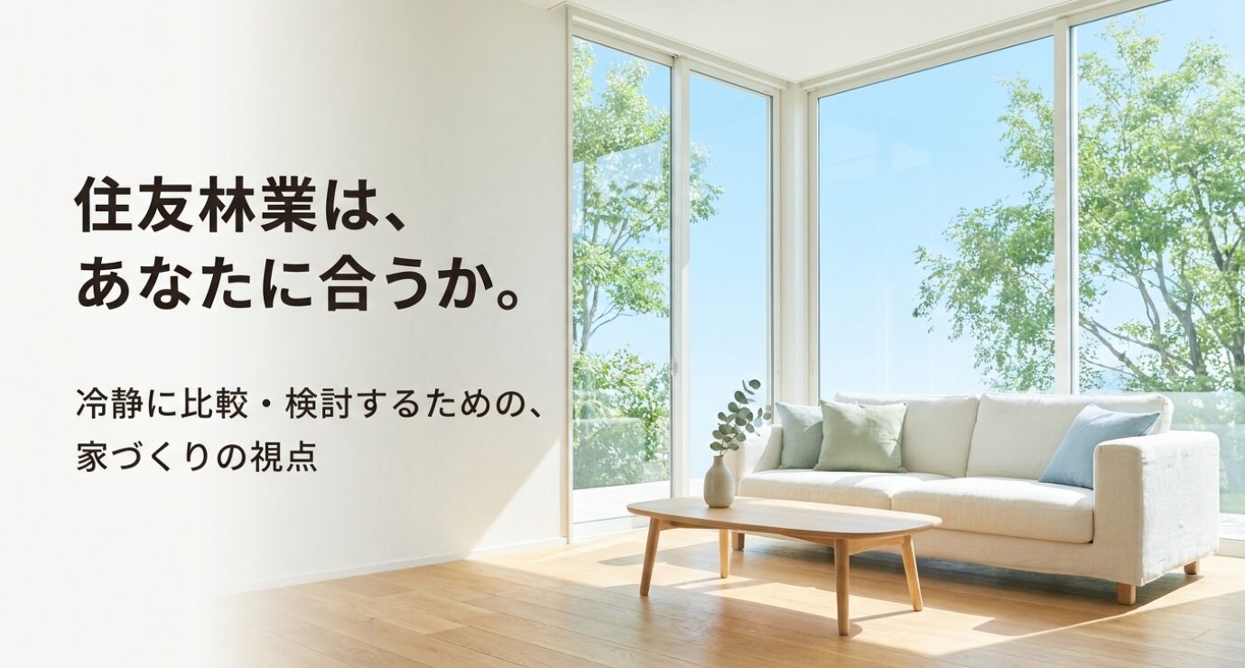 明るい自然光が入るリビングに白いソファと木目の床が配置され、「住友林業は、あなたに合うか。冷静に比較・検討するための、家づくりの視点」と書かれたスライド。住友林業の価格や木質感、設計自由度を感情だけで判断せず、自分の予算や価値観に合うかを考える導入用画像。