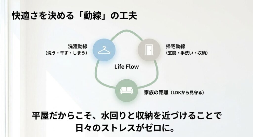 画像タイトル: 32坪平屋で快適さを決める生活動線
代替テキスト: 洗濯動線、帰宅動線、家族との距離を整理し、32坪平屋の暮らしやすさを図解したスライド