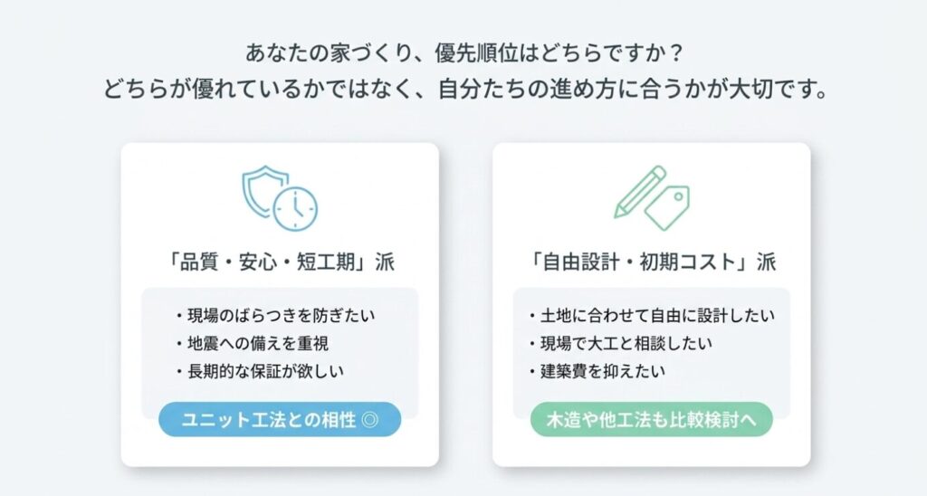 画像タイトル: 家づくりの優先順位で選ぶユニット工法との相性
代替テキスト: 品質や安心、短工期を重視する人はユニット工法と相性がよく、自由設計や初期コストを重視する人は木造や他工法も比較したいことを示した診断図