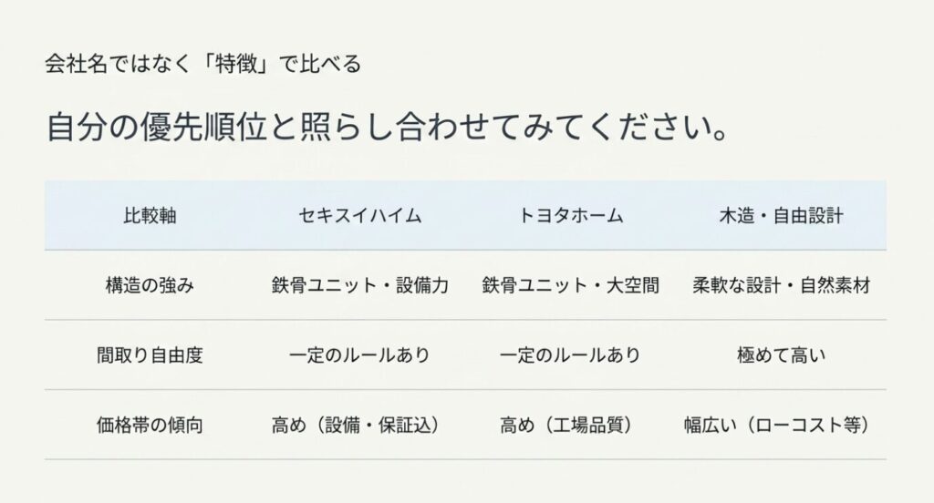 画像タイトル: 会社名ではなく住宅の特徴で比較する視点
代替テキスト: セキスイハイム、トヨタホーム、木造や自由設計を構造の強さ、間取り自由度、価格帯の傾向で比較する表