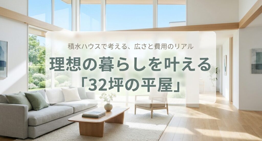 画像タイトル: 積水ハウスで考える32坪平屋の理想の暮らし
代替テキスト: 積水ハウスで検討する32坪平屋の広さと費用感をイメージした明るいリビングのスライド