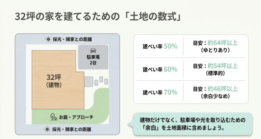 画像タイトル: 32坪平屋に必要な土地面積の目安
代替テキスト: 32坪の建物に必要な土地面積を建ぺい率50％、60％、70％ごとに示し、駐車場や庭の余白も説明したスライド