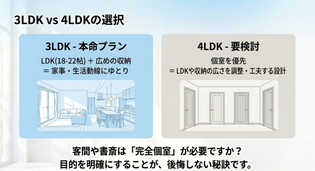 画像タイトル: 32坪平屋の3LDKと4LDKの選び方
代替テキスト: 32坪平屋で3LDKと4LDKを比較し、LDKや収納とのバランスを考えるポイントを示したスライド
