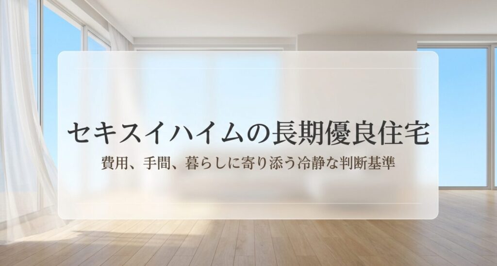 画像タイトル: セキスイハイムの長期優良住宅を後悔しないための判断基準
代替テキスト: セキスイハイムの長期優良住宅について、費用や手間、暮らしに合うかを冷静に判断するための導入スライド