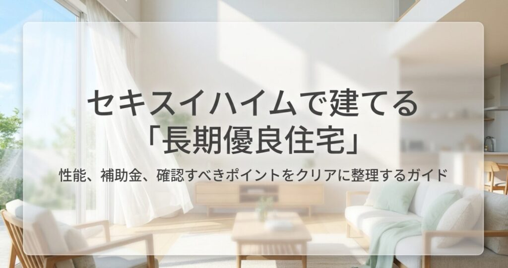 画像タイトル: セキスイハイムで建てる長期優良住宅の概要
代替テキスト: セキスイハイムで建てる長期優良住宅について、性能や補助金、確認ポイントを整理した記事のメイン画像