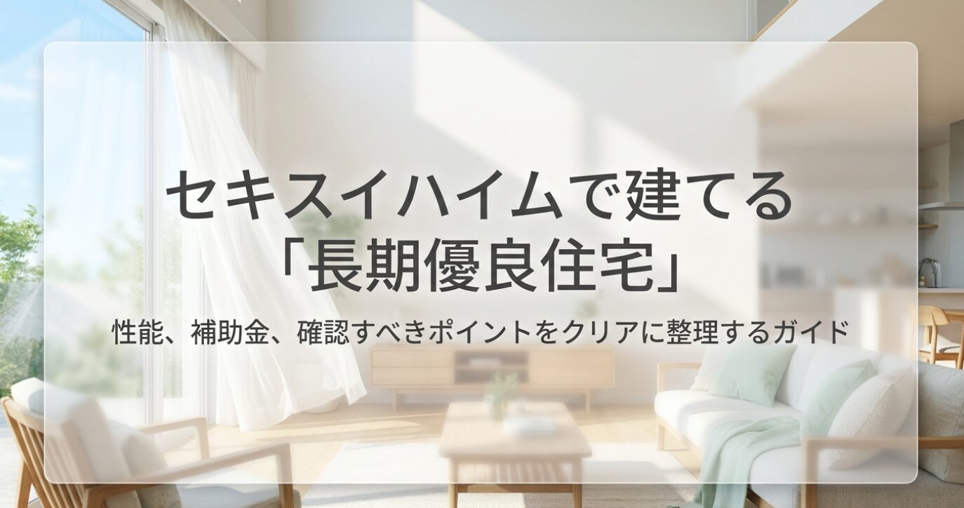 明るいリビングを背景に、半透明のパネル上へ「セキスイハイムで建てる『長期優良住宅』」「性能、補助金、確認すべきポイントをクリアに整理するガイド」と表示されたアイキャッチ画像。セキスイハイムの長期優良住宅について、認定条件や補助金、契約前の確認ポイントを解説する記事の導入用メインビジュアル。