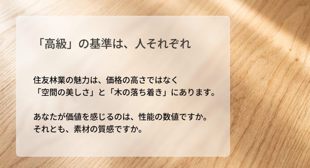 画像タイトル: 高級ハウスメーカーの基準は人それぞれという考え方
代替テキスト: 高級の基準は価格の高さだけでなく、空間の美しさや木の落ち着きなど価値観によって変わることを示したスライド