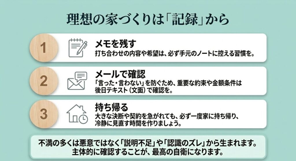 画像タイトル: 理想の家づくりは記録から始める
代替テキスト: メモを残す、メールで確認する、持ち帰って冷静に見直すという3つの行動で住宅契約の認識違いを防ぐスライド