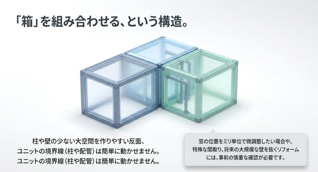 画像タイトル: 箱を組み合わせるユニット構造の制約
代替テキスト: ユニット同士を組み合わせる構造により大空間は作りやすい一方で柱や配管の境界は簡単に動かせないことを示した図