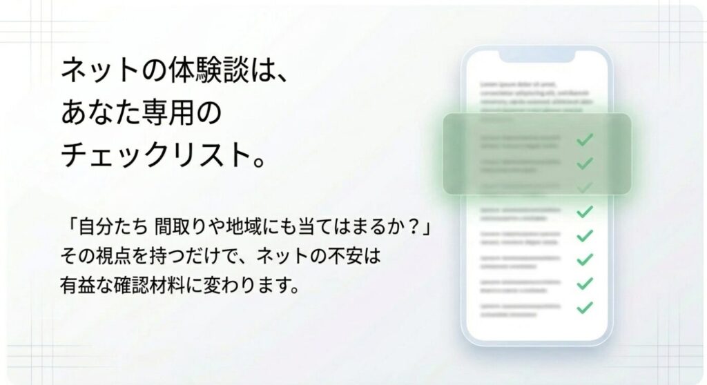 画像タイトル: ネットの体験談を自分専用の確認リストに変える
代替テキスト: スマートフォンのチェックリストを背景に、ネットの体験談を自分たちの間取りや地域に当てはめて確認材料にする考え方を示したスライド