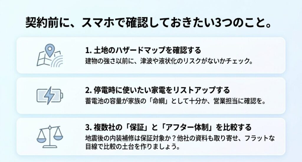 画像タイトル: 契約前に確認したい土地と停電対策と保証のチェック項目
代替テキスト: 契約前に土地のハザードマップ、停電時に使いたい家電、複数社の保証とアフター体制を確認することを示したスライド