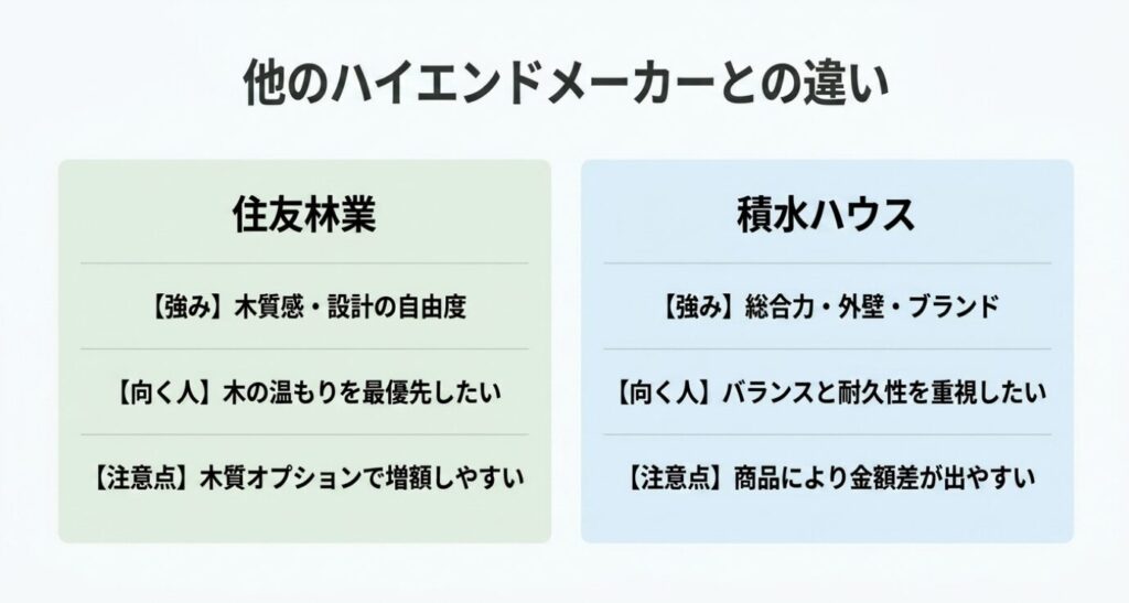 画像タイトル: 住友林業と積水ハウスの強みと向いている人の違い
代替テキスト: 住友林業は木質感と設計自由度、積水ハウスは総合力や外壁、ブランド力に強みがあることを比較したスライド