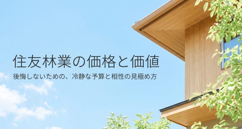 画像タイトル: 住友林業の価格と価値を冷静に見極める視点
代替テキスト: 木の家の外観写真とともに、住友林業の価格と価値を後悔しないために冷静に見極める視点を示したスライド