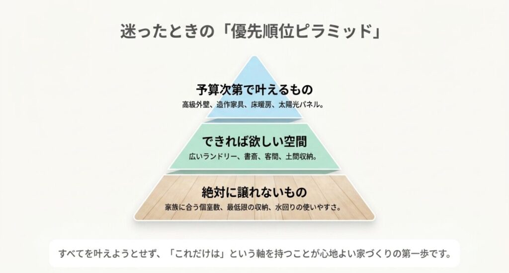 画像タイトル: 32坪平屋で迷ったときの優先順位ピラミッド
代替テキスト: 32坪平屋で迷ったときに、個室数や収納など譲れないもの、ランドリーや書斎など欲しい空間、予算次第の設備を整理するスライド