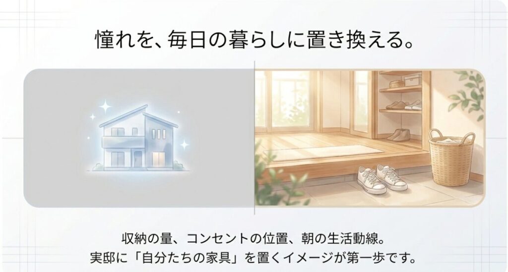 画像タイトル: 憧れの実例を毎日の暮らしに置き換える
代替テキスト: 外観イメージと玄関収納の暮らしの場面を並べ、実例を見るときに収納量やコンセント位置、生活動線を確認する大切さを示したスライド