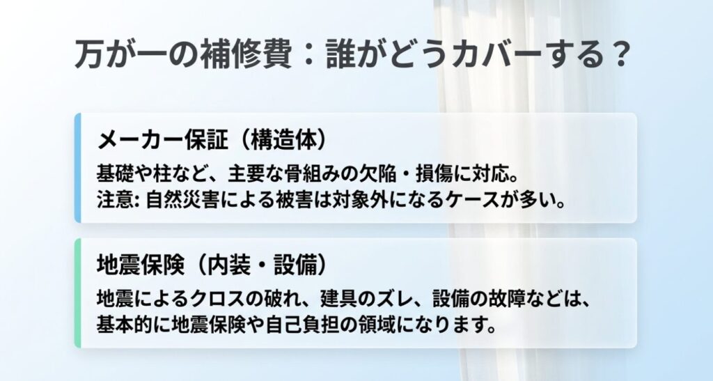 画像タイトル: 地震後の補修費と保証範囲を確認するポイント
代替テキスト: 地震後の補修費についてメーカー保証と地震保険や自己負担の考え方を整理したスライド