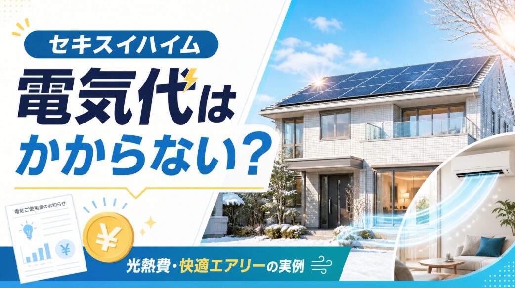 「セキスイハイム 電気代はかからない？」という大きな見出しと、太陽光パネルを載せた冬の住宅、室内エアコンの風、電気使用量のお知らせ、円マークのコインを組み合わせたアイキャッチ画像。光熱費・快適エアリーの実例をもとに、電気代が本当に抑えられるのかを解説する記事であることを視覚的に示している。