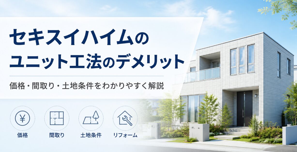 明るい青空の下に建つ白いモダンな戸建て住宅を背景に、左側の半透明パネルへ「セキスイハイムのユニット工法のデメリット」と大きく表示したアイキャッチ画像。サブコピーとして「価格・間取り・土地条件をわかりやすく解説」とあり、下部には価格、間取り、土地条件、リフォームを示す4つのアイコンが並んでいる。