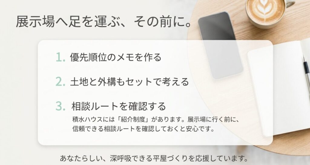 画像タイトル: 展示場へ行く前に確認したい32坪平屋の準備
代替テキスト: 展示場へ行く前に優先順位のメモ、土地と外構の確認、相談ルートの確認をしておく流れを示したスライド