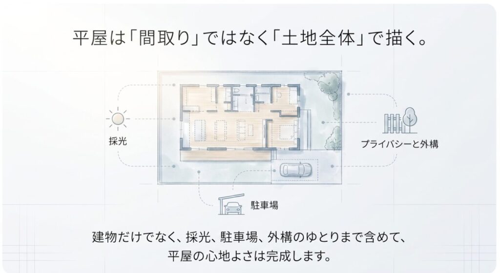 画像タイトル: 平屋は間取りではなく土地全体で考える
代替テキスト: 平屋の配置図を使い、採光、駐車場、プライバシー、外構まで含めて土地全体で計画する重要性を示したスライド