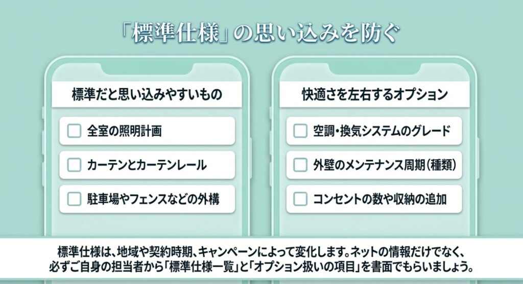 画像タイトル: 標準仕様の思い込みを防ぐ確認ポイント
代替テキスト: 照明計画、カーテン、外構、空調、外壁、収納など、標準仕様とオプションの確認項目を整理したスライド