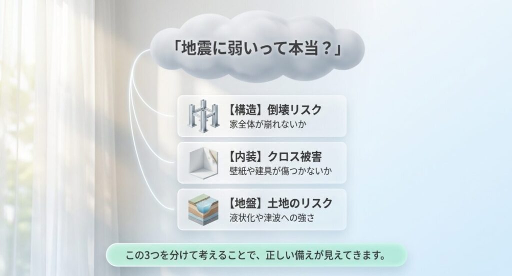 画像タイトル: 地震に弱いという不安を構造内装地盤に分けて考える図解
代替テキスト: 地震に弱いという疑問を倒壊リスク、クロス被害、土地のリスクに分けて整理したスライド