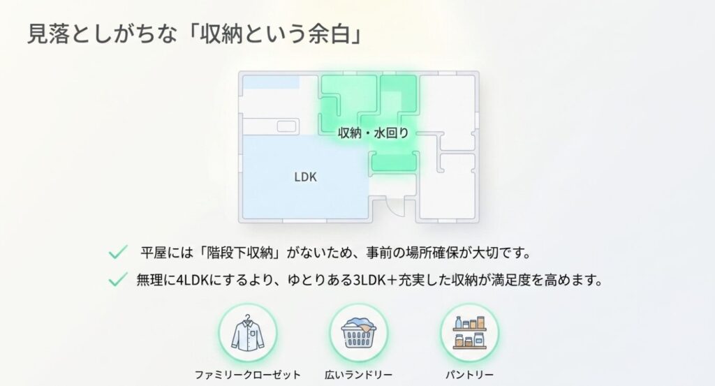 画像タイトル: 平屋で見落としがちな収納と水回りの余白
代替テキスト: 平屋には階段下収納がないため、ファミリークローゼットやランドリー、パントリーなどの収納計画が大切なことを示したスライド