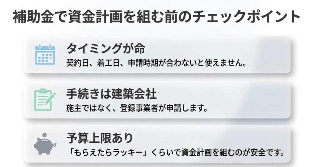 画像タイトル: 補助金で資金計画を組む前のチェックポイント
代替テキスト: 補助金を使う前に契約日や着工日、申請時期、登録事業者による手続き、予算上限を確認する必要があることを示したスライド