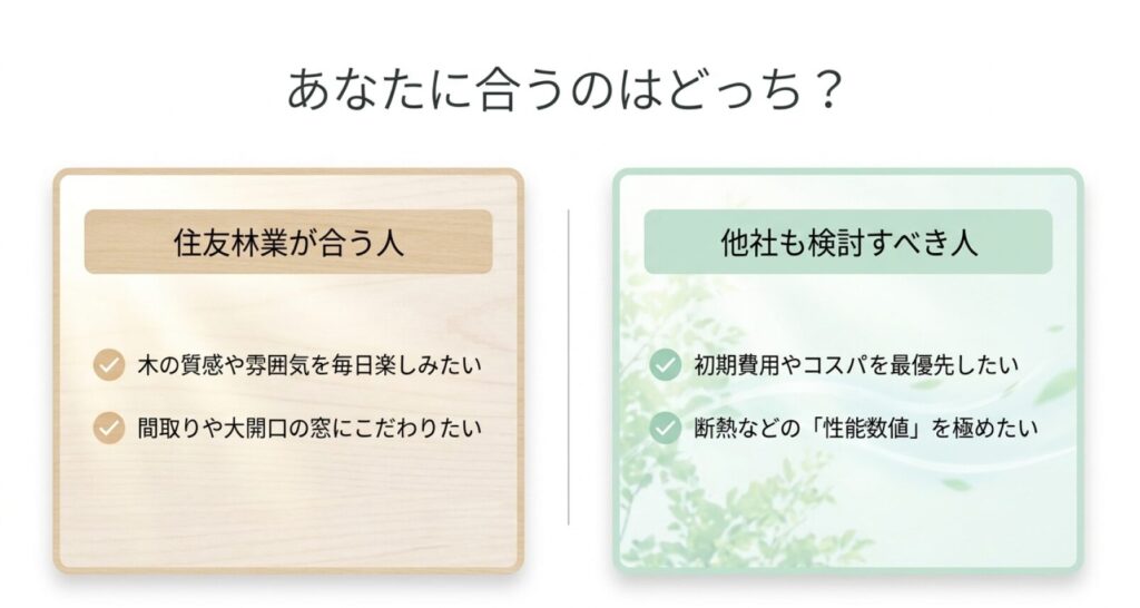 画像タイトル: 住友林業が合う人と他社も検討すべき人の違い
代替テキスト: 木の雰囲気や大開口にこだわりたい人は住友林業が合いやすく、初期費用や性能数値を最優先する人は他社も検討すべきことを示したスライド