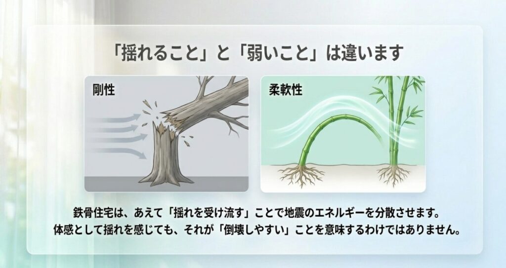 画像タイトル: 揺れることと弱いことは違う耐震性の考え方
代替テキスト: 剛性と柔軟性の違いを使って揺れを感じることが倒壊しやすさを意味しないと説明したスライド